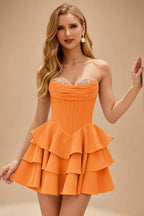 Rutipo Orange A-line Crystal Strapless Corset Satin Tiered Ruffle Homecoming Dress