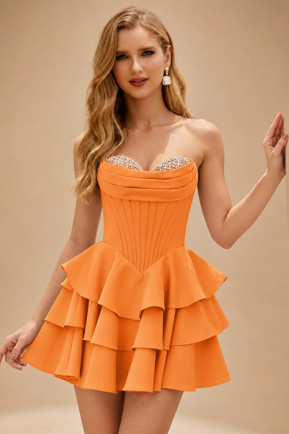 Rutipo Orange A-line Crystal Strapless Corset Satin Tiered Ruffle Homecoming Dress