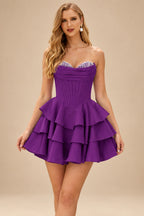 Rutipo Orchid A-line Crystal Strapless Corset Satin Tiered Ruffle Homecoming Dress