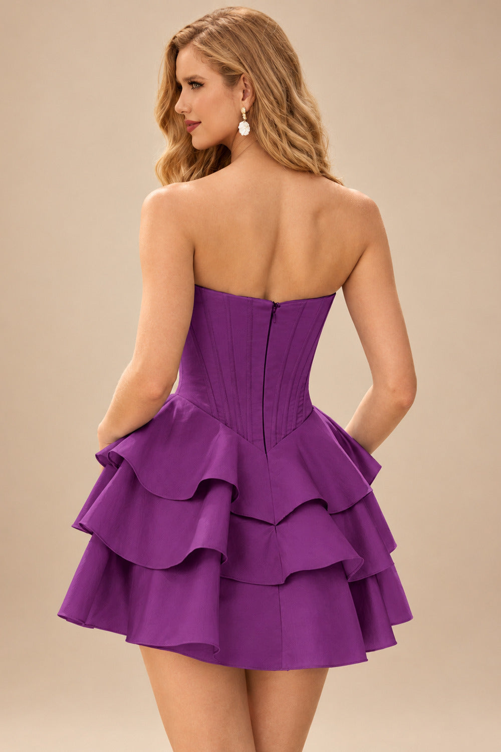 Rutipo Orchid A-line Crystal Strapless Corset Satin Tiered Ruffle Homecoming Dress