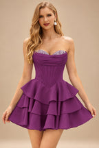 Rutipo Orchid A-line Crystal Strapless Corset Satin Tiered Ruffle Homecoming Dress