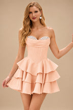 Rutipo Peach A-line Crystal Strapless Corset Satin Tiered Ruffle Homecoming Dress