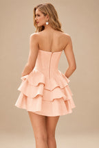 Rutipo Peach A-line Crystal Strapless Corset Satin Tiered Ruffle Homecoming Dress