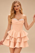 Rutipo Peach A-line Crystal Strapless Corset Satin Tiered Ruffle Homecoming Dress