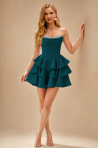 Rutipo Peacock A-line Crystal Strapless Corset Satin Tiered Ruffle Homecoming Dress