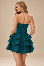 Rutipo Peacock A-line Crystal Strapless Corset Satin Tiered Ruffle Homecoming Dress