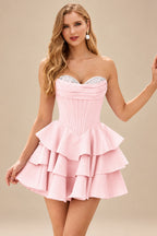 Rutipo Pearl Pink A-line Crystal Strapless Corset Satin Tiered Ruffle Homecoming Dress