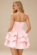 Rutipo Pearl Pink A-line Crystal Strapless Corset Satin Tiered Ruffle Homecoming Dress