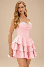 Rutipo Pearl Pink A-line Crystal Strapless Corset Satin Tiered Ruffle Homecoming Dress