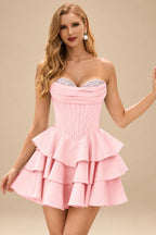 Rutipo Pearl Pink A-line Crystal Strapless Corset Satin Tiered Ruffle Homecoming Dress