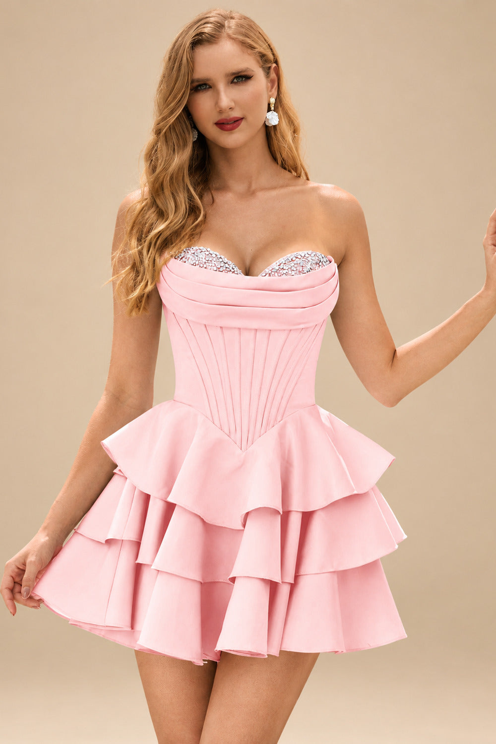 Rutipo Pearl Pink A-line Crystal Strapless Corset Satin Tiered Ruffle Homecoming Dress