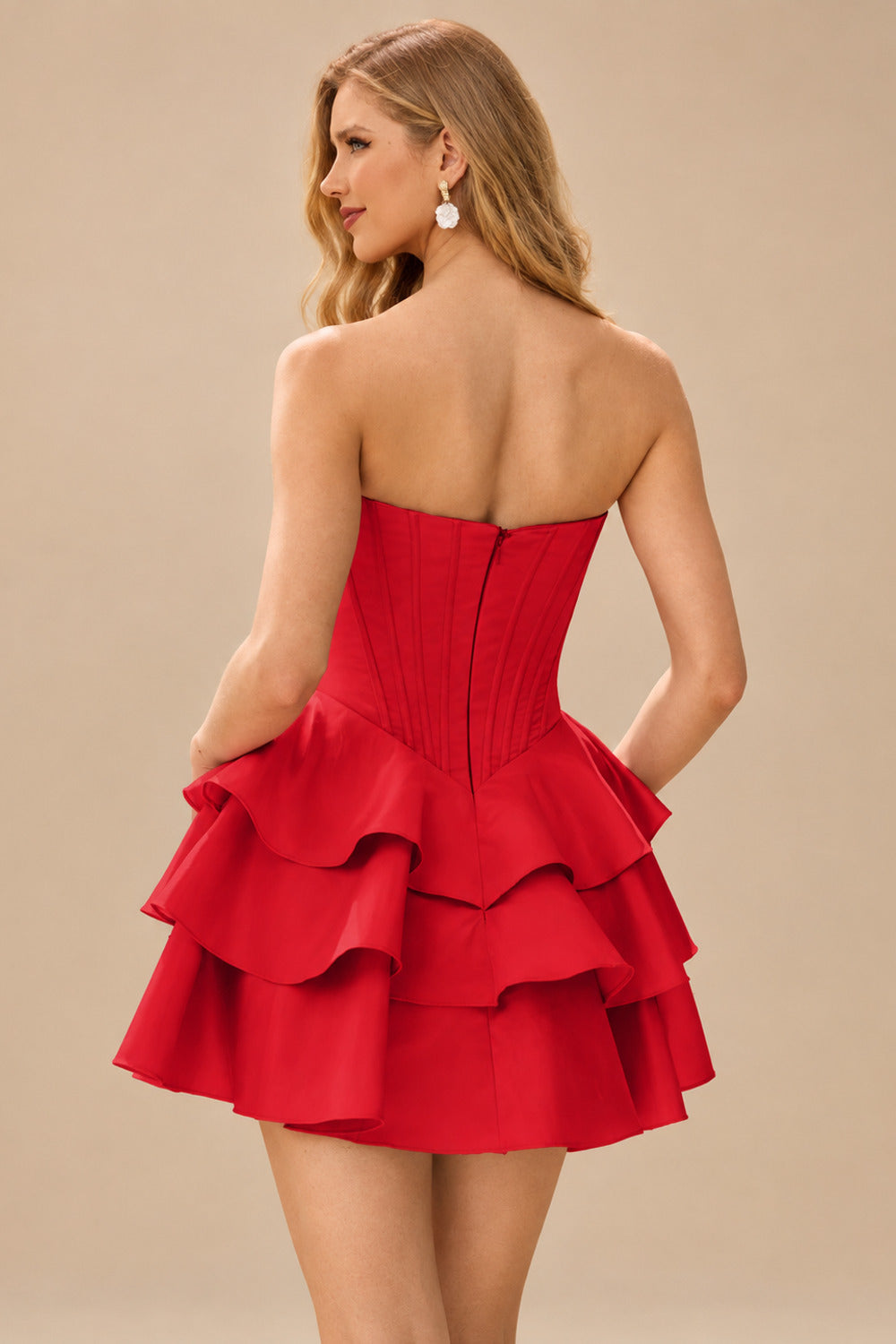 Rutipo Red A-line Crystal Strapless Corset Satin Tiered Ruffle Homecoming Dress