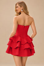 Rutipo Red A-line Crystal Strapless Corset Satin Tiered Ruffle Homecoming Dress