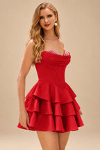 Rutipo Red A-line Crystal Strapless Corset Satin Tiered Ruffle Homecoming Dress