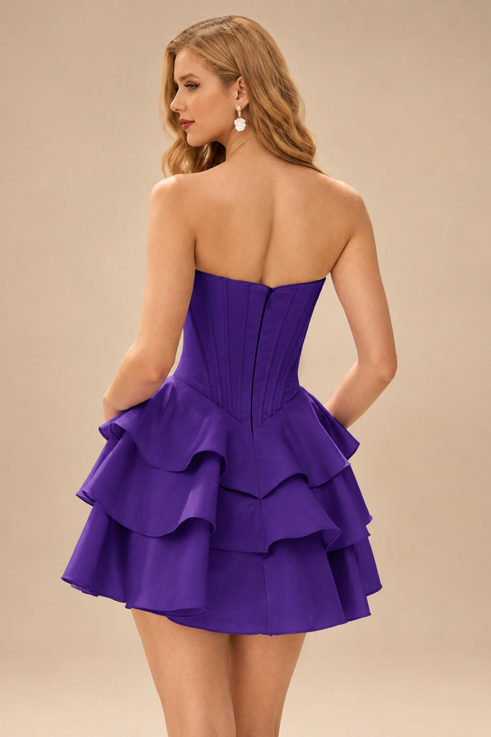 Rutipo Regency A-line Crystal Strapless Corset Satin Tiered Ruffle Homecoming Dress