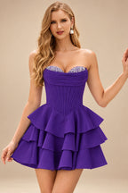 Rutipo Regency A-line Crystal Strapless Corset Satin Tiered Ruffle Homecoming Dress