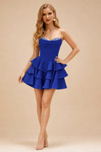Rutipo Royal Blue A-line Crystal Strapless Corset Satin Tiered Ruffle Homecoming Dress