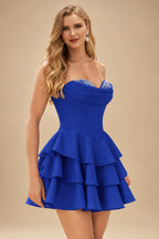 Rutipo Royal Blue A-line Crystal Strapless Corset Satin Tiered Ruffle Homecoming Dress