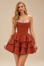Rutipo Rust A-line Crystal Strapless Corset Satin Tiered Ruffle Homecoming Dress
