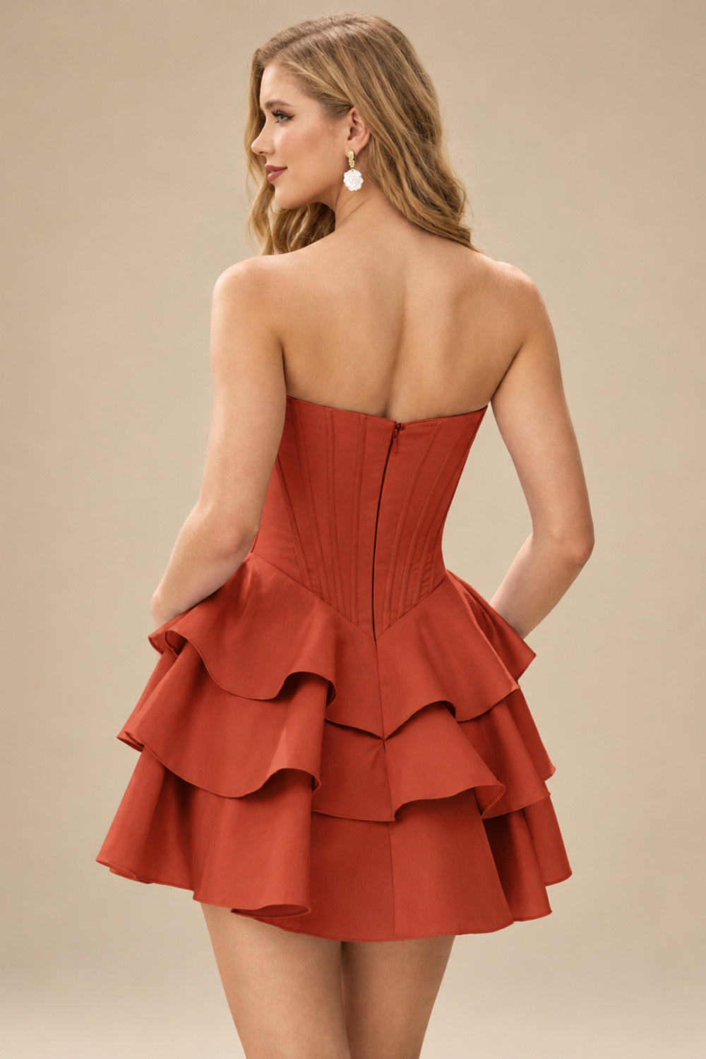 Rutipo Rust A-line Crystal Strapless Corset Satin Tiered Ruffle Homecoming Dress