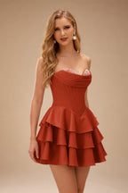 Rutipo Rust A-line Crystal Strapless Corset Satin Tiered Ruffle Homecoming Dress