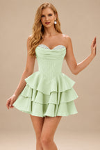 Rutipo Sage A-line Crystal Strapless Corset Satin Tiered Ruffle Homecoming Dress