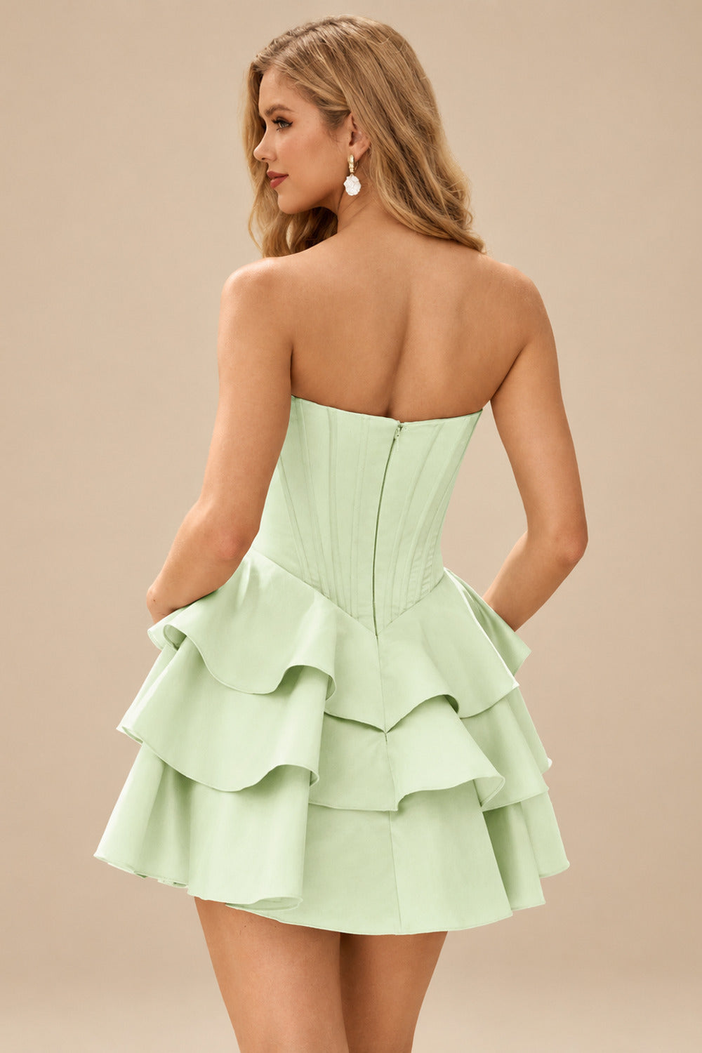 Rutipo Sage A-line Crystal Strapless Corset Satin Tiered Ruffle Homecoming Dress