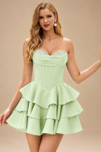 Rutipo Sage A-line Crystal Strapless Corset Satin Tiered Ruffle Homecoming Dress