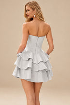 Rutipo Silver A-line Crystal Strapless Corset Satin Tiered Ruffle Homecoming Dress