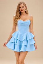 Rutipo Sky Blue A-line Crystal Strapless Corset Satin Tiered Ruffle Homecoming Dress