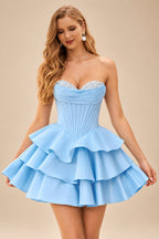 Rutipo Sky Blue A-line Crystal Strapless Corset Satin Tiered Ruffle Homecoming Dress