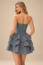 Rutipo Steel Grey A-line Crystal Strapless Corset Satin Tiered Ruffle Homecoming Dress
