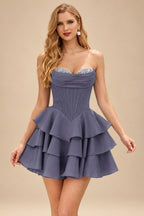 Rutipo Stormy A-line Crystal Strapless Corset Satin Tiered Ruffle Homecoming Dress