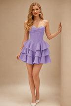 Rutipo Tahiti A-line Crystal Strapless Corset Satin Tiered Ruffle Homecoming Dress