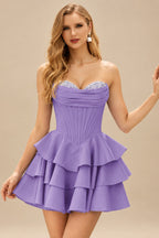 Rutipo Tahiti A-line Crystal Strapless Corset Satin Tiered Ruffle Homecoming Dress
