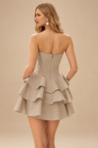 Rutipo Taupe A-line Crystal Strapless Corset Satin Tiered Ruffle Homecoming Dress