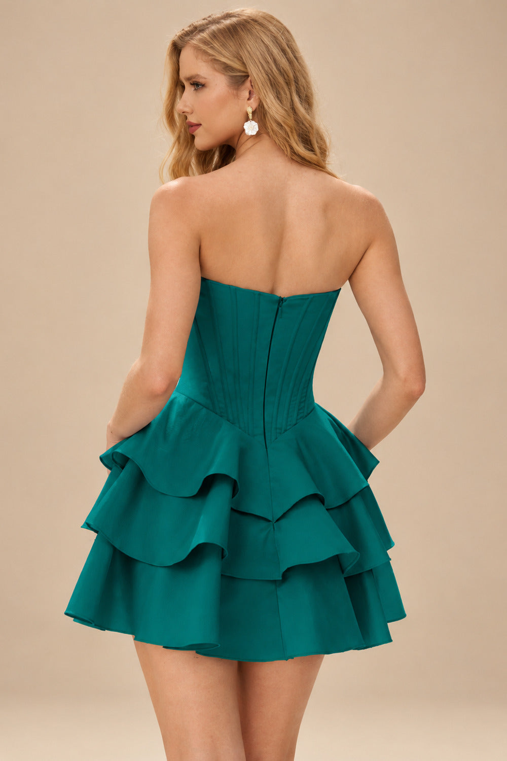 Rutipo Teal A-line Crystal Strapless Corset Satin Tiered Ruffle Homecoming Dress