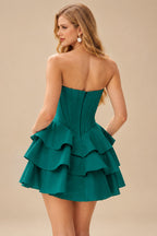 Rutipo Teal A-line Crystal Strapless Corset Satin Tiered Ruffle Homecoming Dress