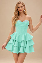 Rutipo Turquoise A-line Crystal Strapless Corset Satin Tiered Ruffle Homecoming Dress