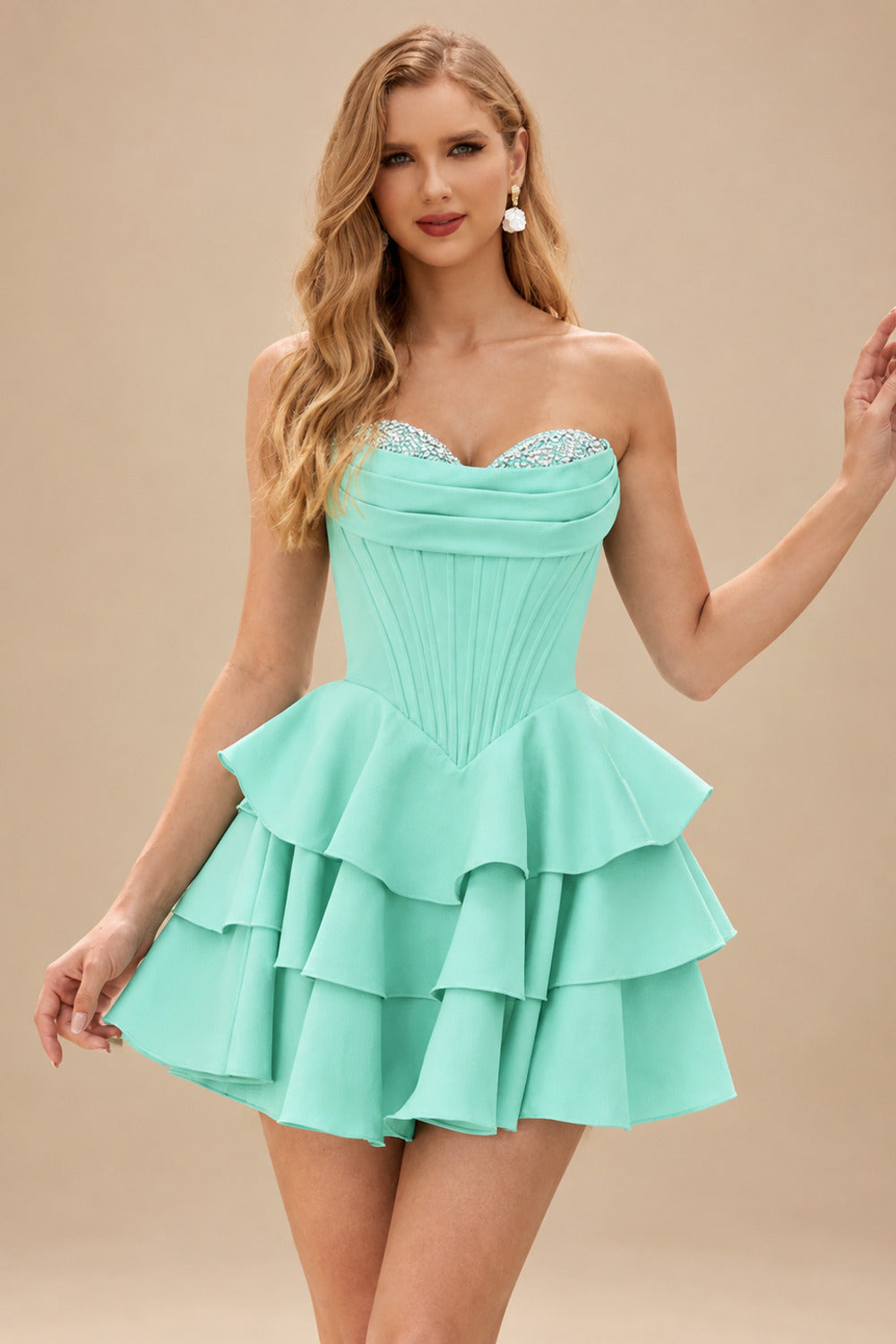 Rutipo Turquoise A-line Crystal Strapless Corset Satin Tiered Ruffle Homecoming Dress