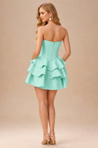 Rutipo Turquoise A-line Crystal Strapless Corset Satin Tiered Ruffle Homecoming Dress