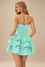 Rutipo Turquoise A-line Crystal Strapless Corset Satin Tiered Ruffle Homecoming Dress