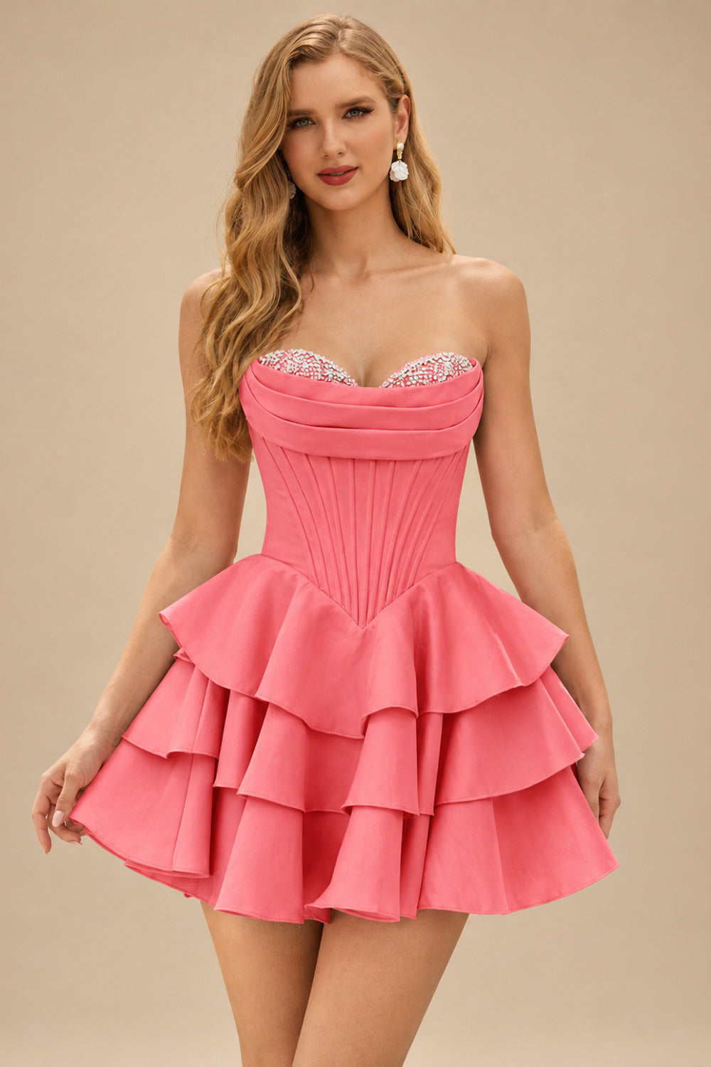 Rutipo Watermelon A-line Crystal Strapless Corset Satin Tiered Ruffle Homecoming Dress