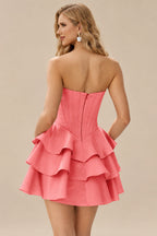Rutipo Watermelon A-line Crystal Strapless Corset Satin Tiered Ruffle Homecoming Dress