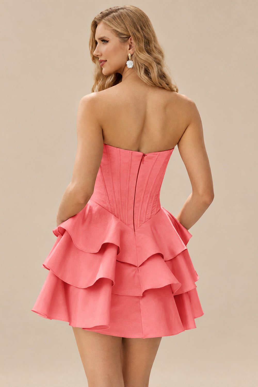Rutipo Watermelon A-line Crystal Strapless Corset Satin Tiered Ruffle Homecoming Dress