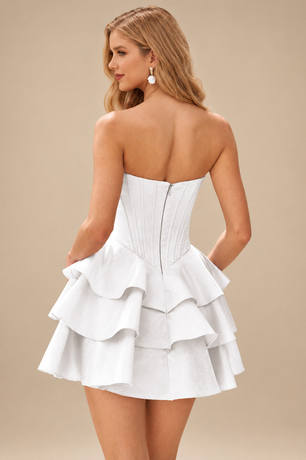 Rutipo White A-line Crystal Strapless Corset Satin Tiered Ruffle Homecoming Dress