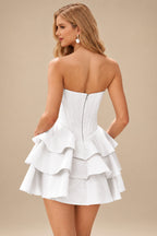 Rutipo White A-line Crystal Strapless Corset Satin Tiered Ruffle Homecoming Dress