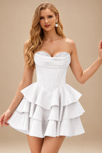 Rutipo White A-line Crystal Strapless Corset Satin Tiered Ruffle Homecoming Dress