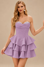 Rutipo Wisteria A-line Crystal Strapless Corset Satin Tiered Ruffle Homecoming Dress
