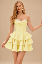 Rutipo Yellow A-line Crystal Strapless Corset Satin Tiered Ruffle Homecoming Dress